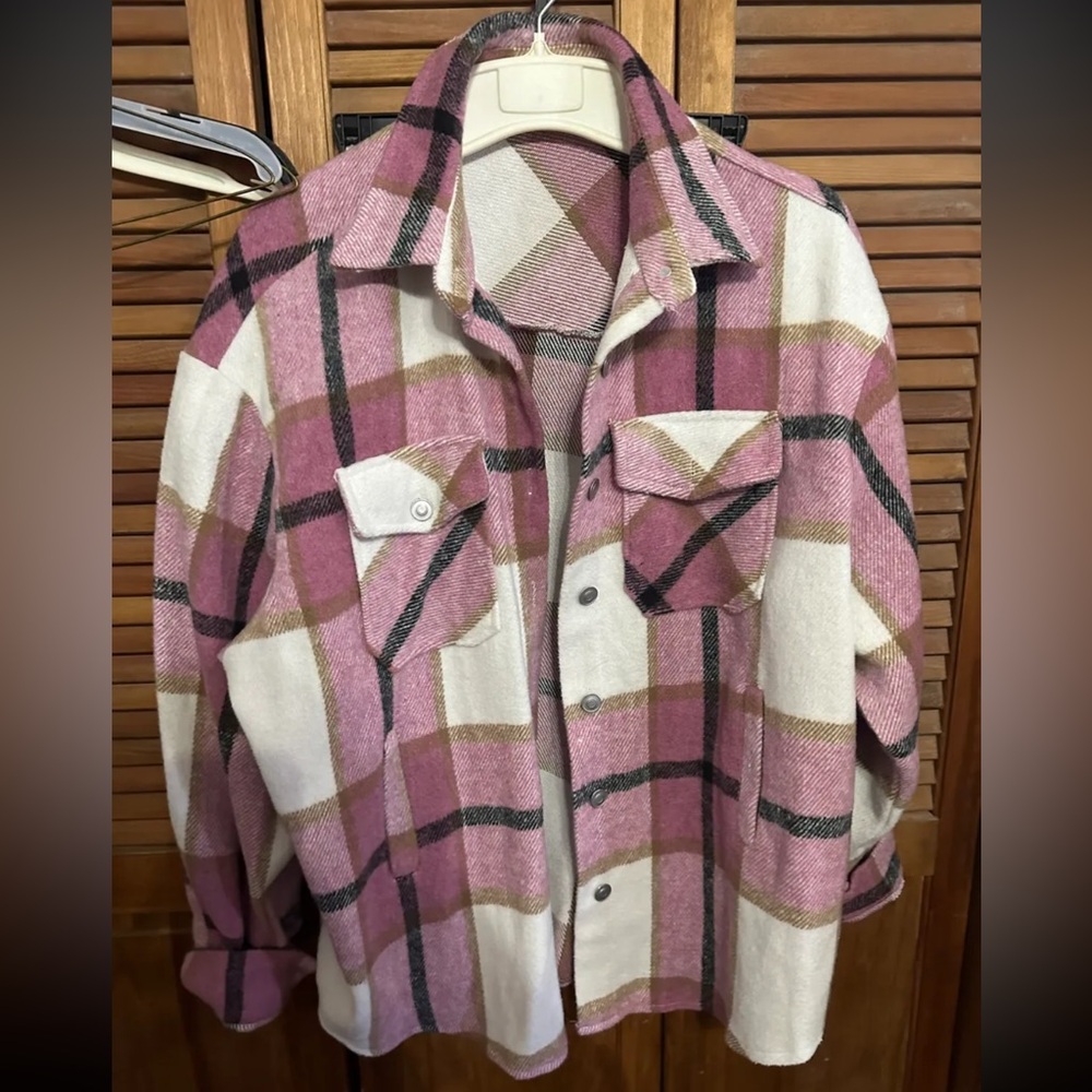 Amazon Pink and Cream Plaid Utility Jacket